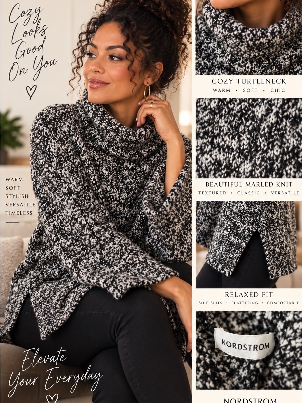Nordstrom XL Black White Marled Turtleneck Chunky
Knit sweater side slits
